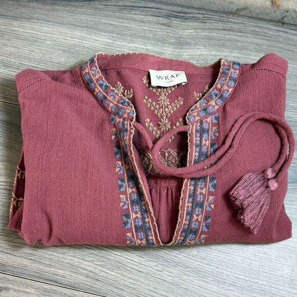 WRAP London Floral Embroidered Peasant Top Size US 14 Tassel Tie Bohemian - Picture 11 of 15